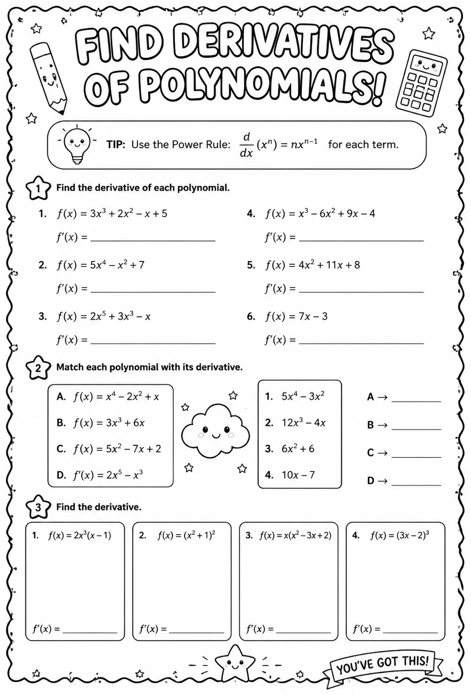 Find derivatives of polynomials — free printable Calculus math worksheet