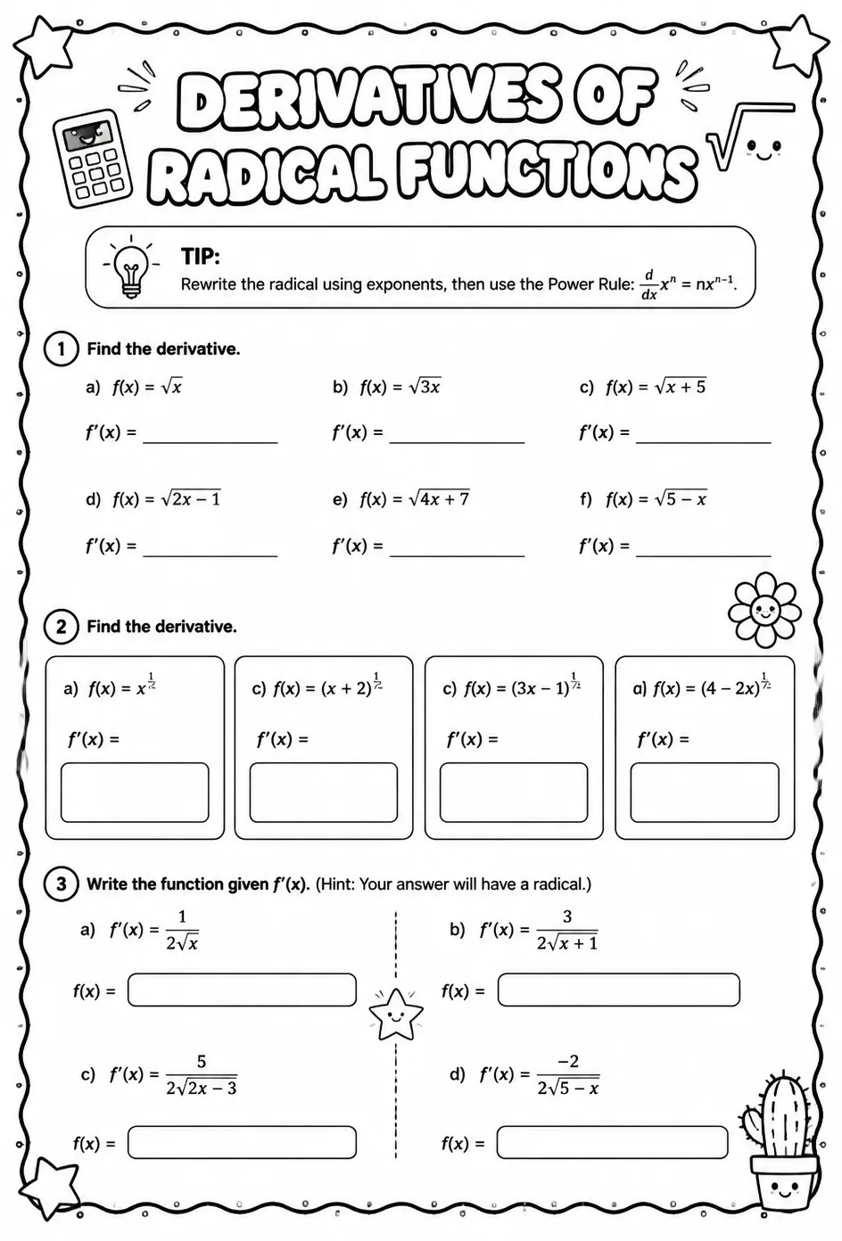 Find derivatives of radical functions — free printable Calculus math worksheet