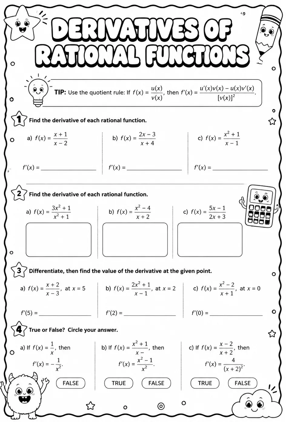 Find derivatives of rational functions — free printable Calculus math worksheet