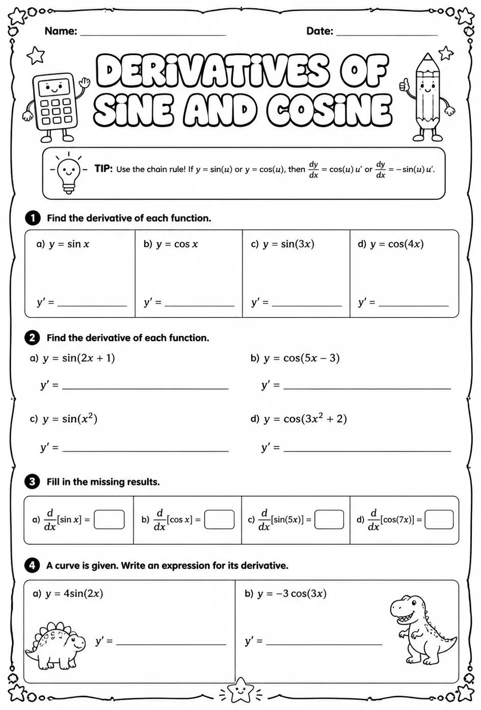 Find derivatives of sine and cosine functions — free printable Calculus math worksheet