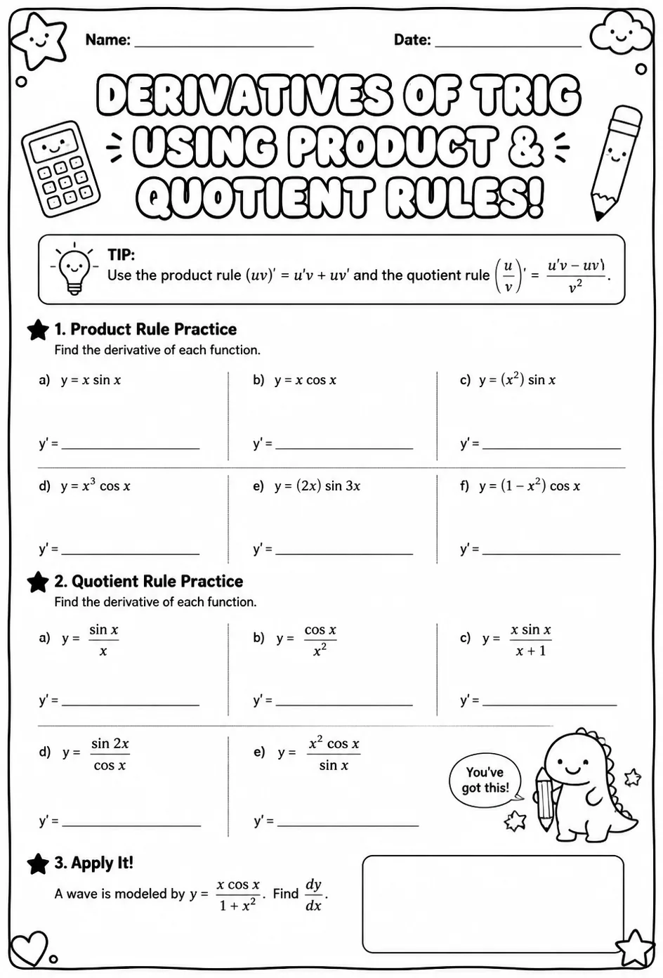 Find derivatives of trigonometric functions using the product and quotient rules — free printable Calculus math worksheet