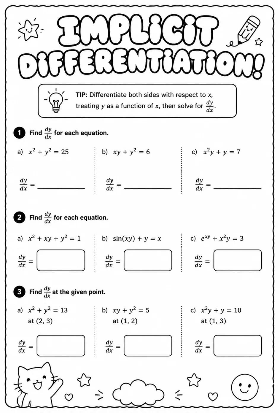 Find derivatives using implicit differentiation — free printable Calculus math worksheet