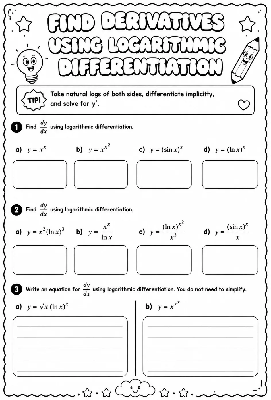 Find derivatives using logarithmic differentiation — free printable Calculus math worksheet