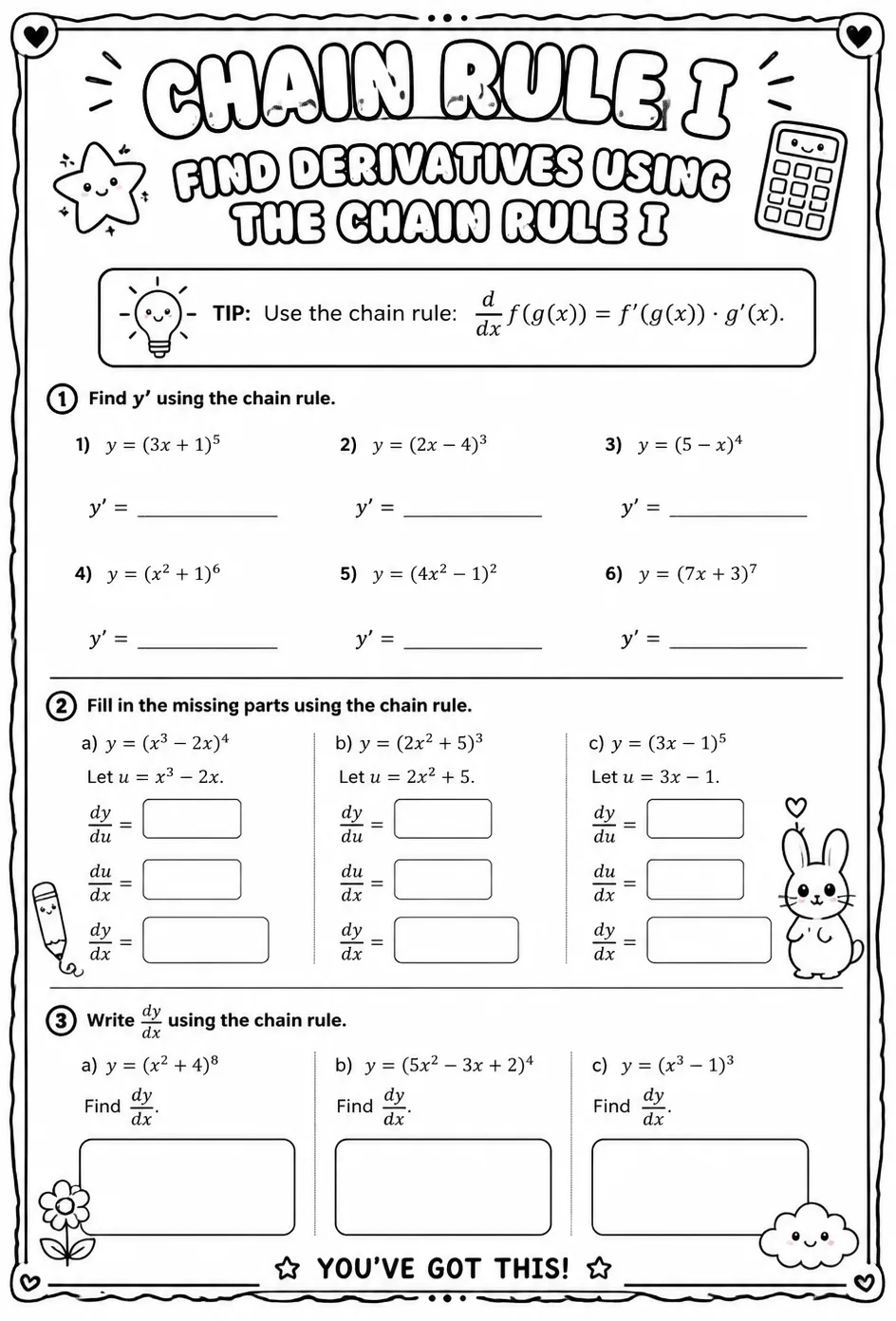 Find derivatives using the chain rule I — free printable Calculus math worksheet