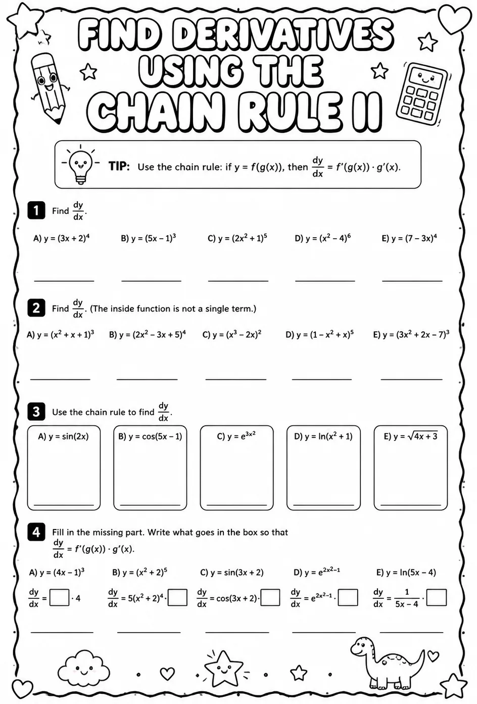 Find derivatives using the chain rule II — free printable Calculus math worksheet