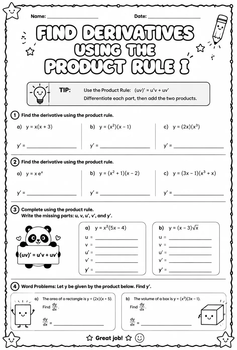 Find derivatives using the product rule I — free printable Calculus math worksheet