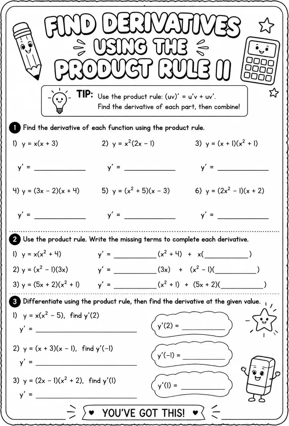 Find derivatives using the product rule II — free printable Calculus math worksheet
