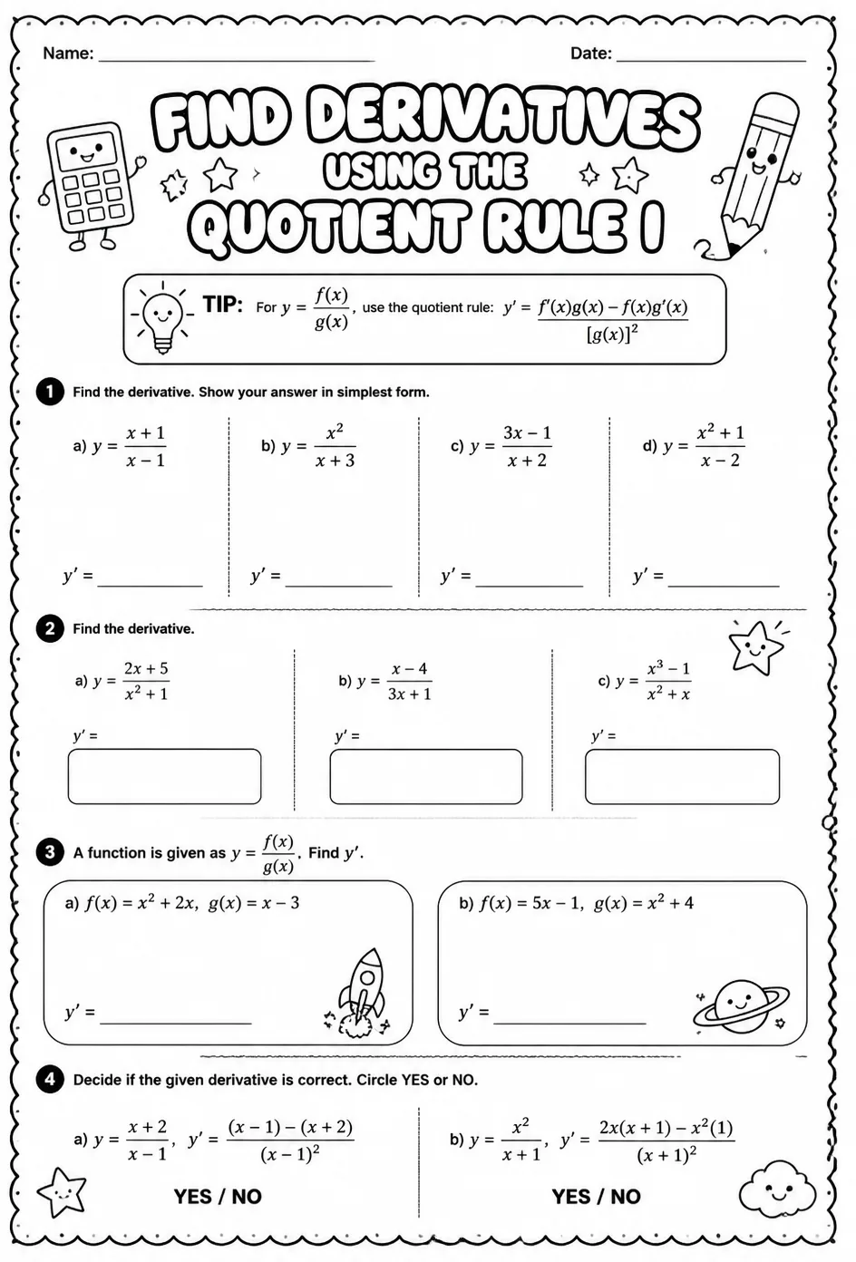 Find derivatives using the quotient rule I — free printable Calculus math worksheet