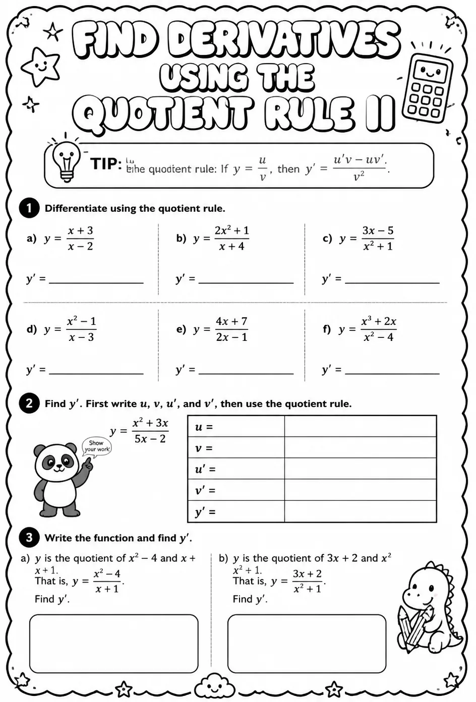 Find derivatives using the quotient rule II — free printable Calculus math worksheet