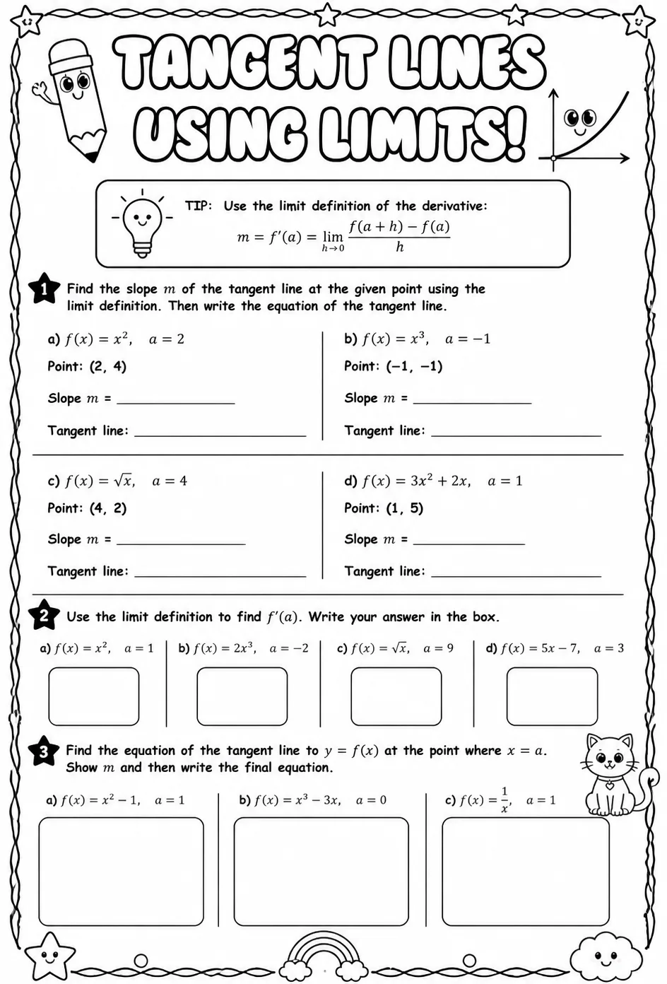 Find equations of tangent lines using limits — free printable Calculus math worksheet