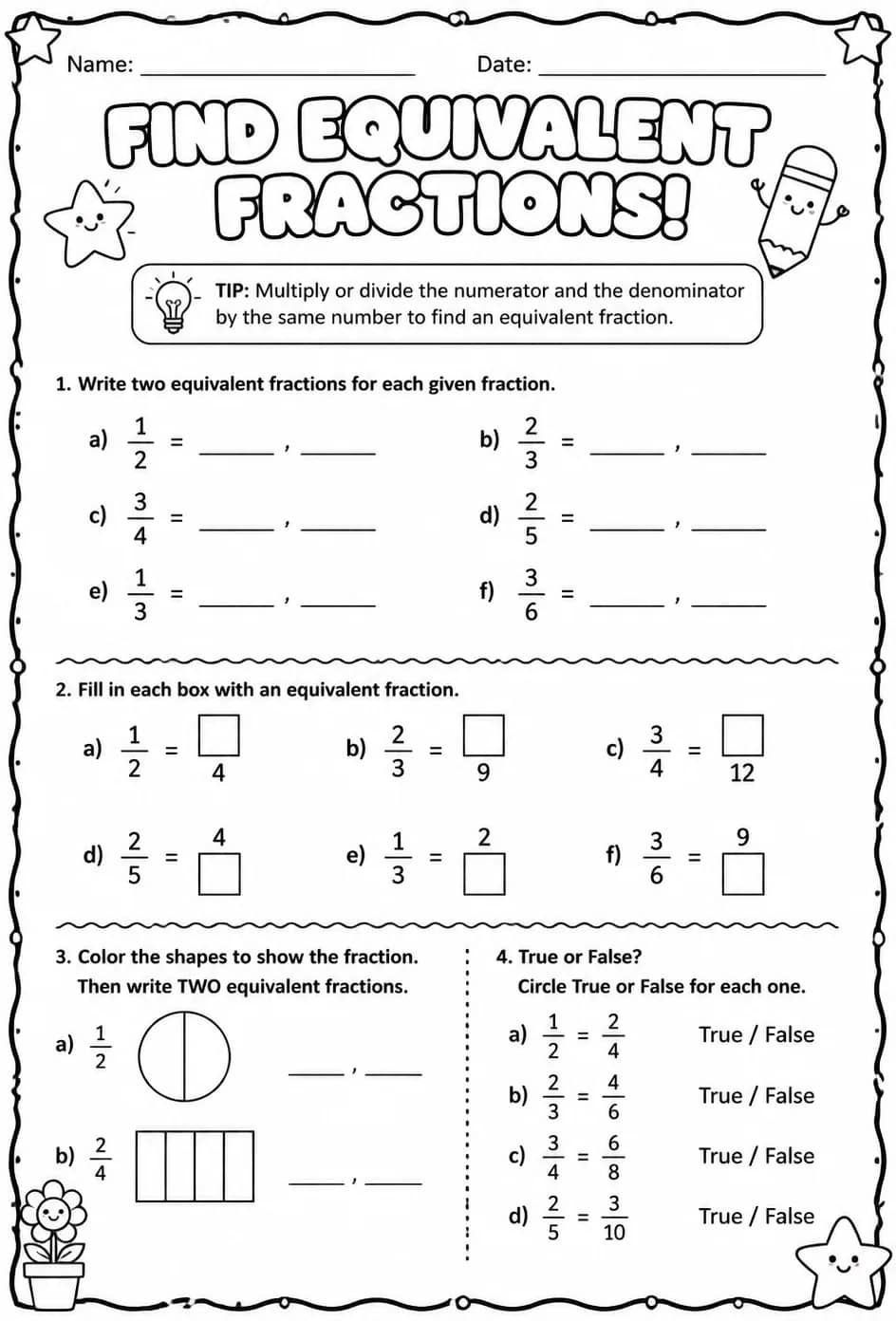 Find equivalent fractions — free printable Grade 3 math worksheet