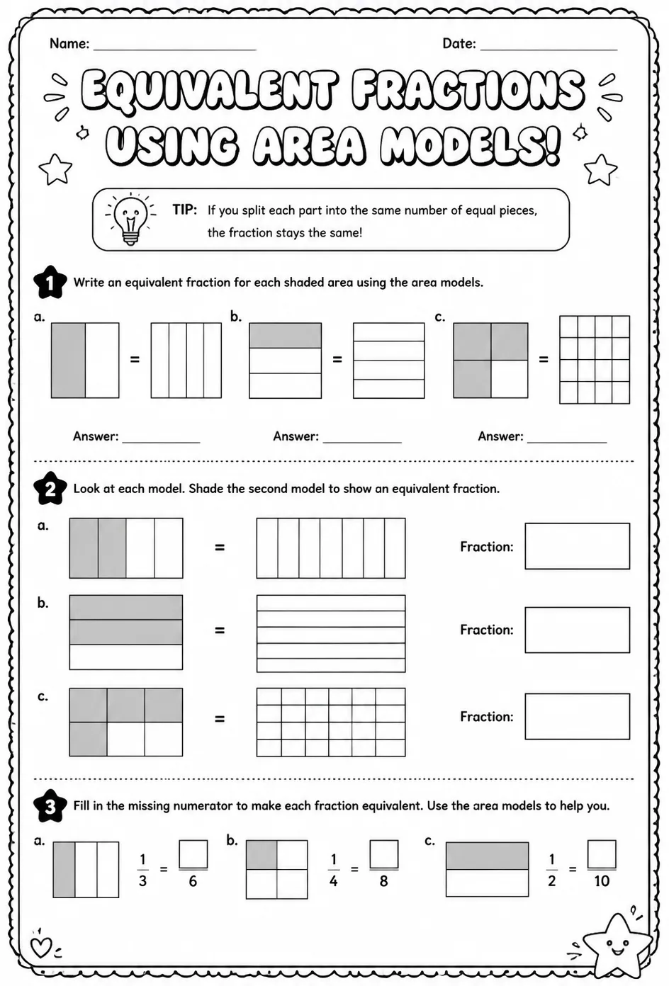 Find equivalent fractions using area models — free printable Grade 4 math worksheet