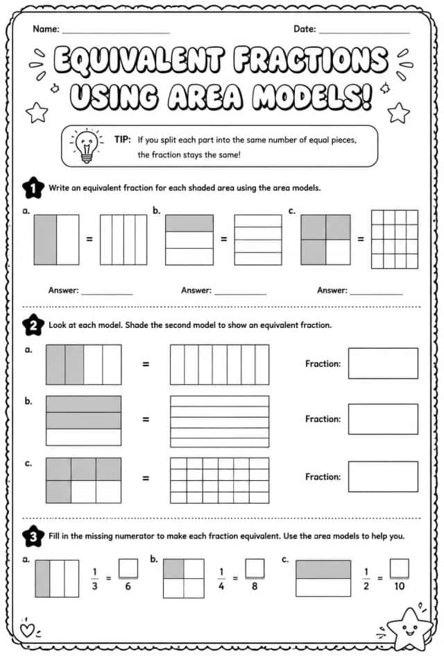 Find equivalent fractions using area models