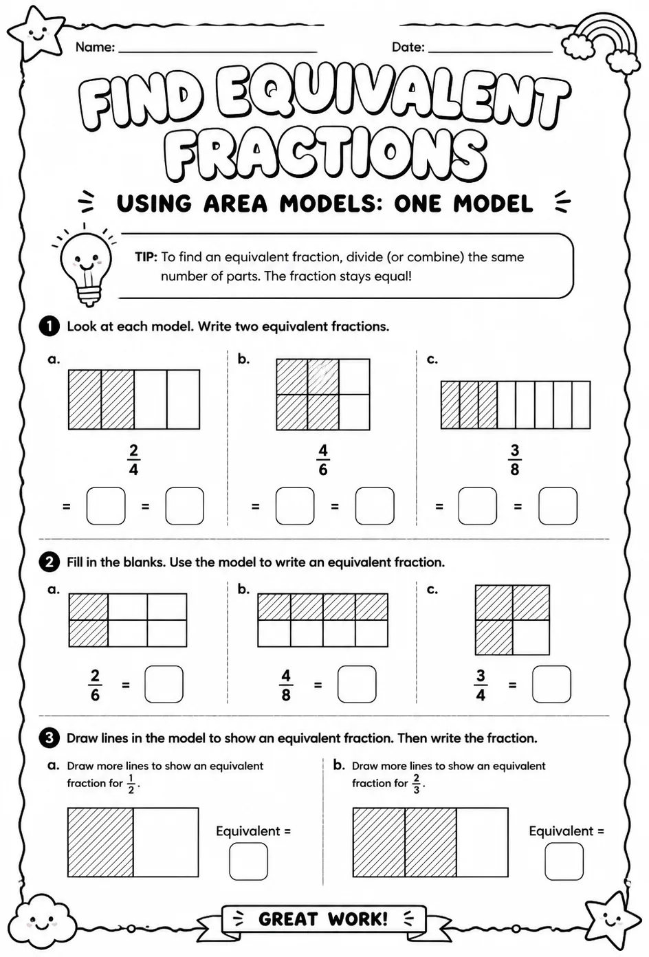 Find equivalent fractions using area models: one model