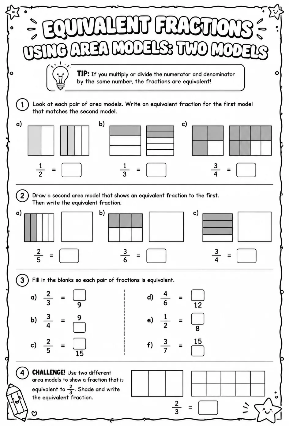 Find equivalent fractions using area models: two models — free printable Grade 3 math worksheet