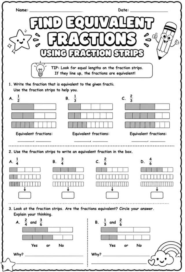 Find equivalent fractions using fraction strips