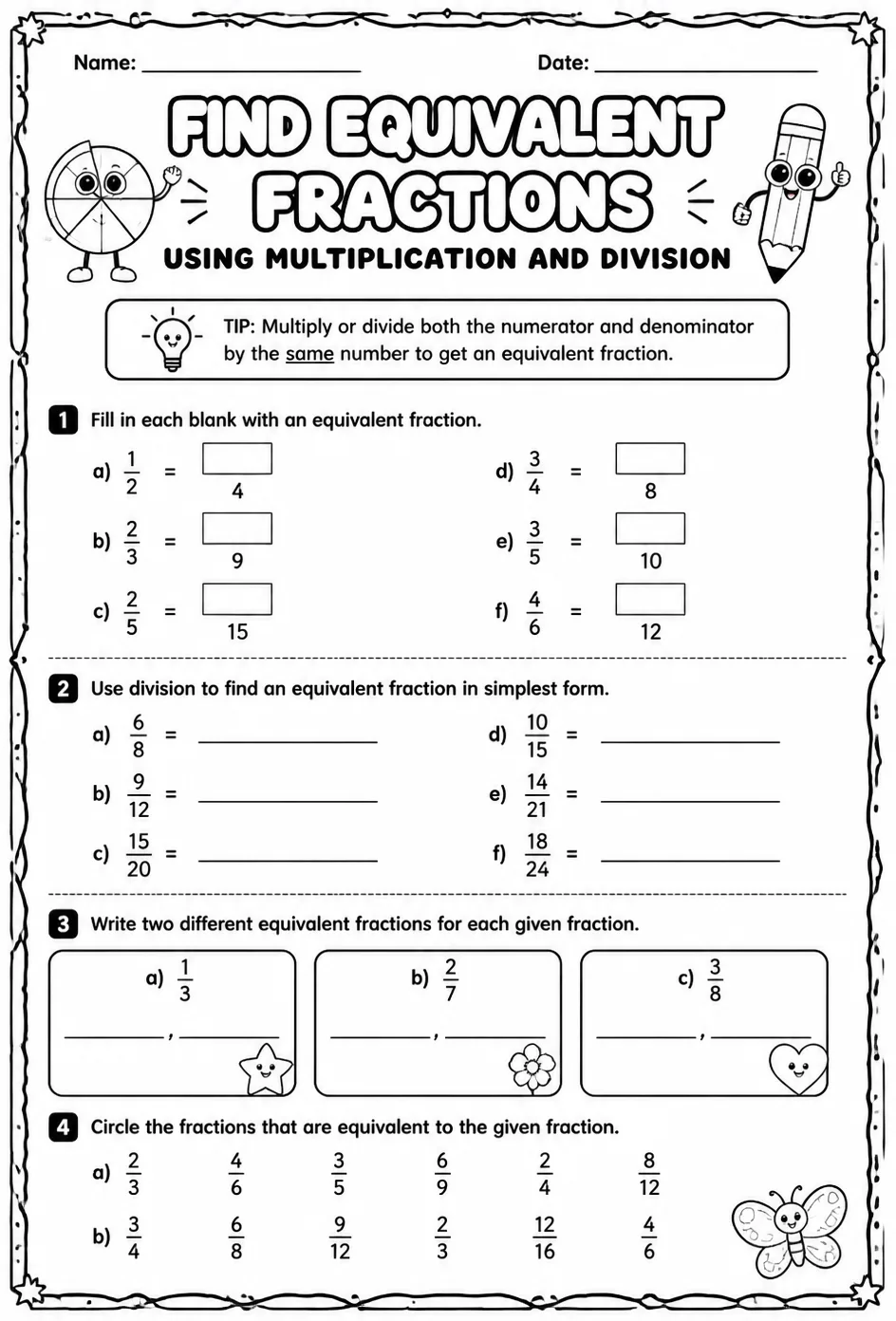 Find equivalent fractions using multiplication and division — free printable Grade 4 math worksheet