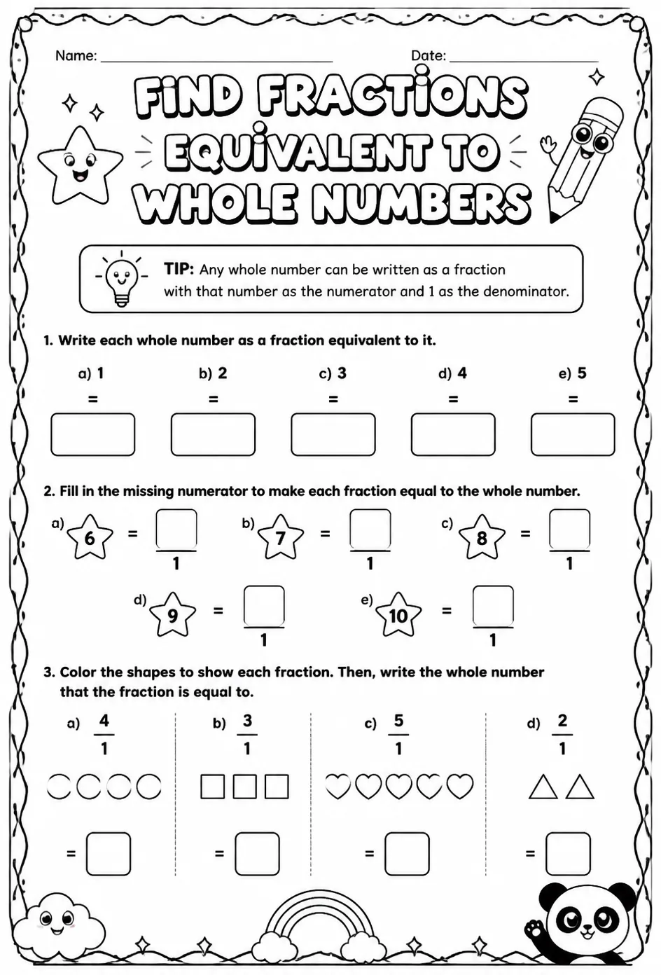Find fractions equivalent to whole numbers — free printable Grade 3 math worksheet