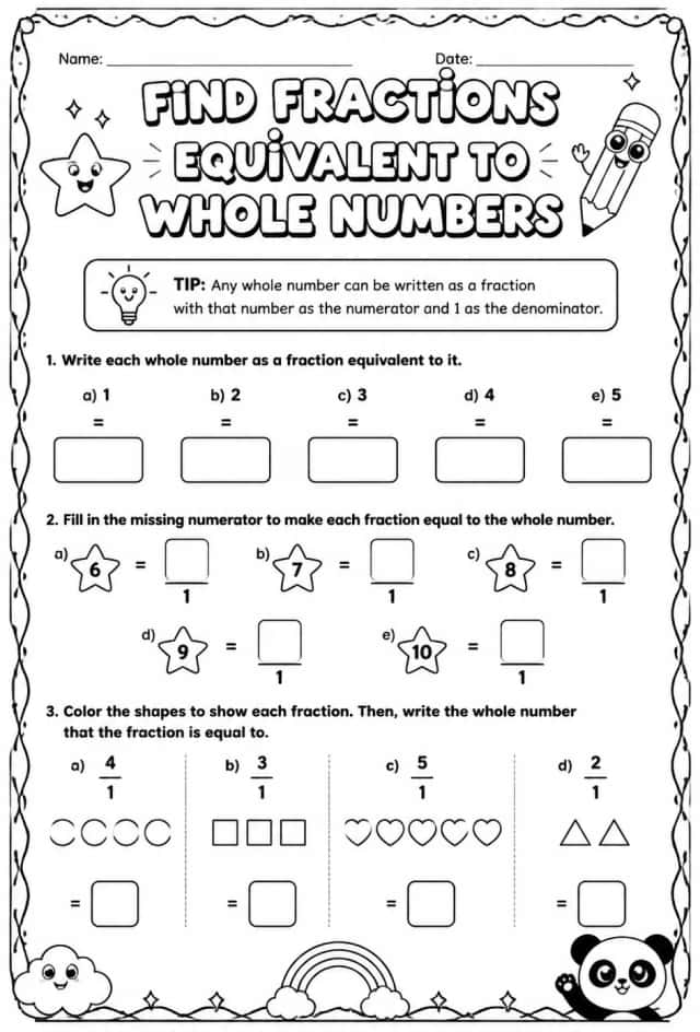 Find fractions equivalent to whole numbers