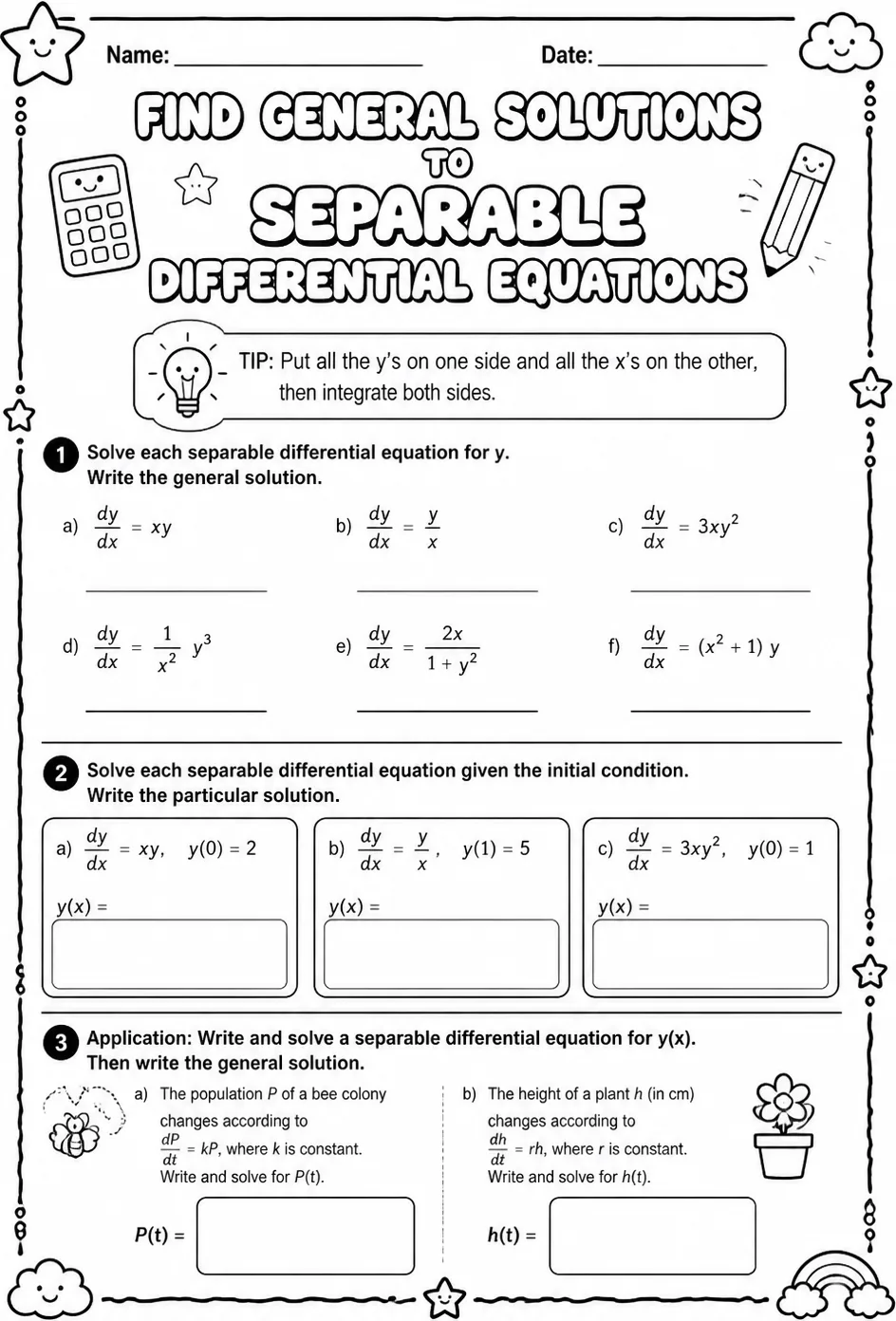 Find general solutions to separable differential equations — free printable Calculus math worksheet