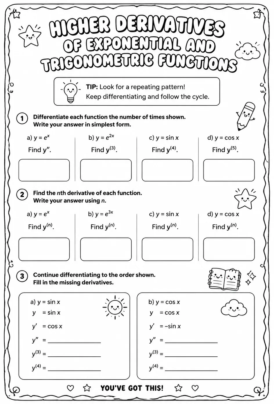 Find higher derivatives of exponential and trigonometric functions — free printable Calculus math worksheet