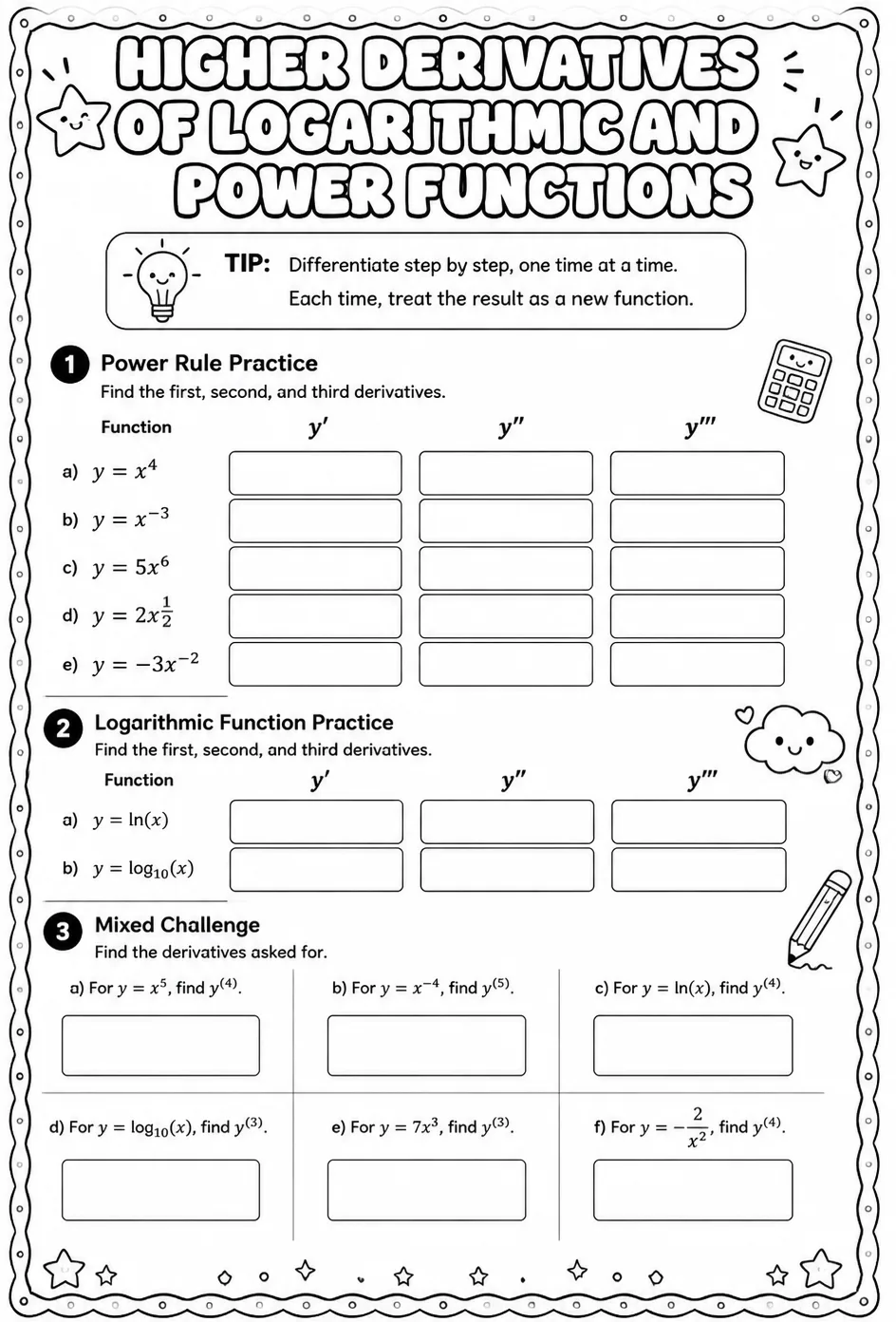 Find higher derivatives of logarithmic and power functions — free printable Calculus math worksheet