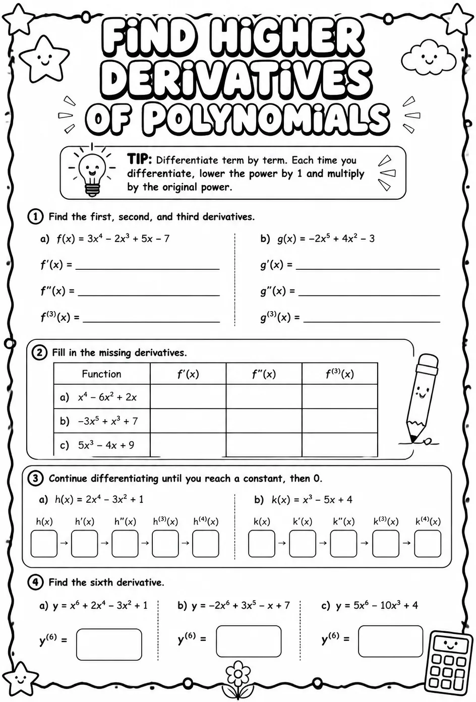 Find higher derivatives of polynomials — free printable Calculus math worksheet