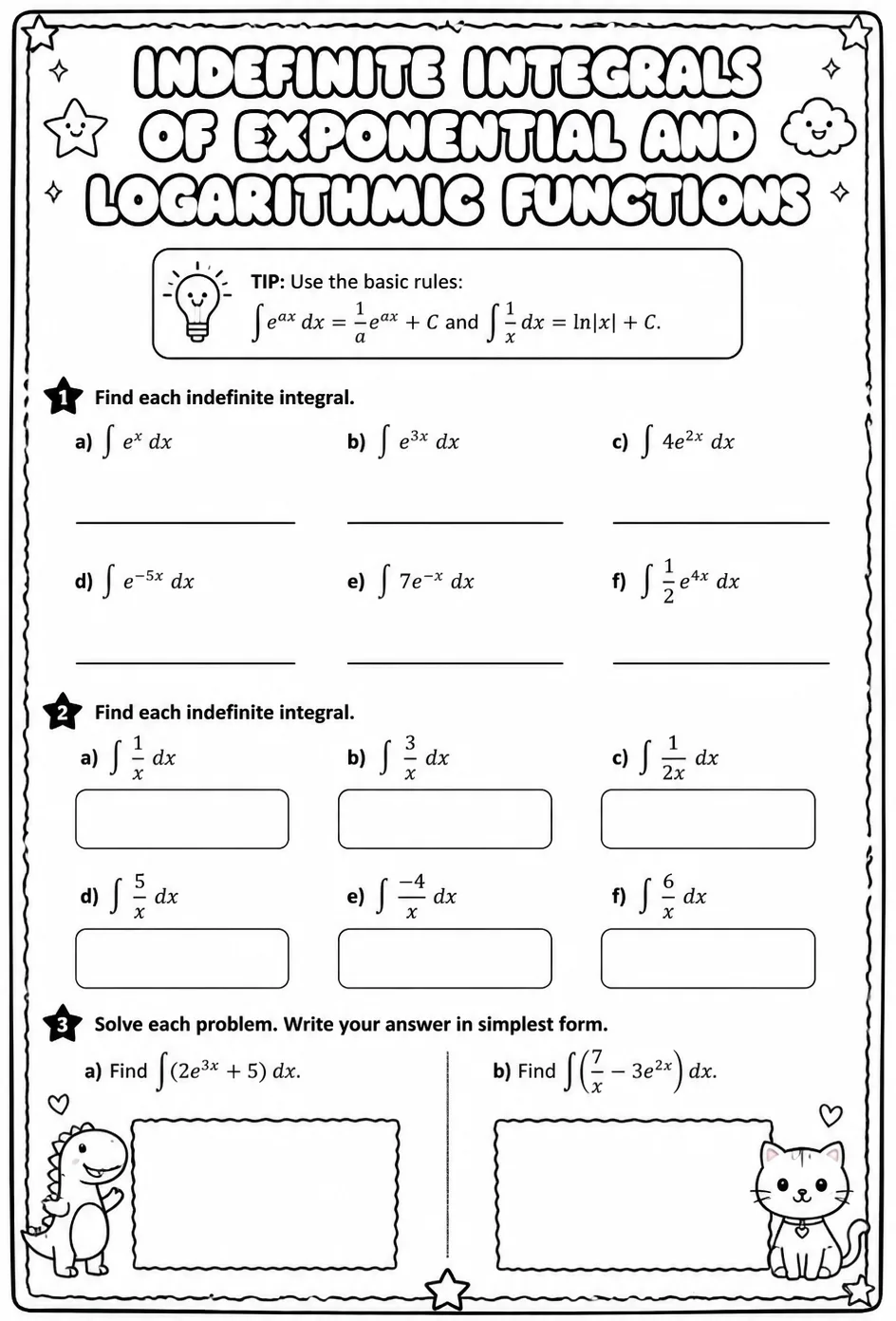 Find indefinite integrals involving exponential and logarithmic functions — free printable Calculus math worksheet