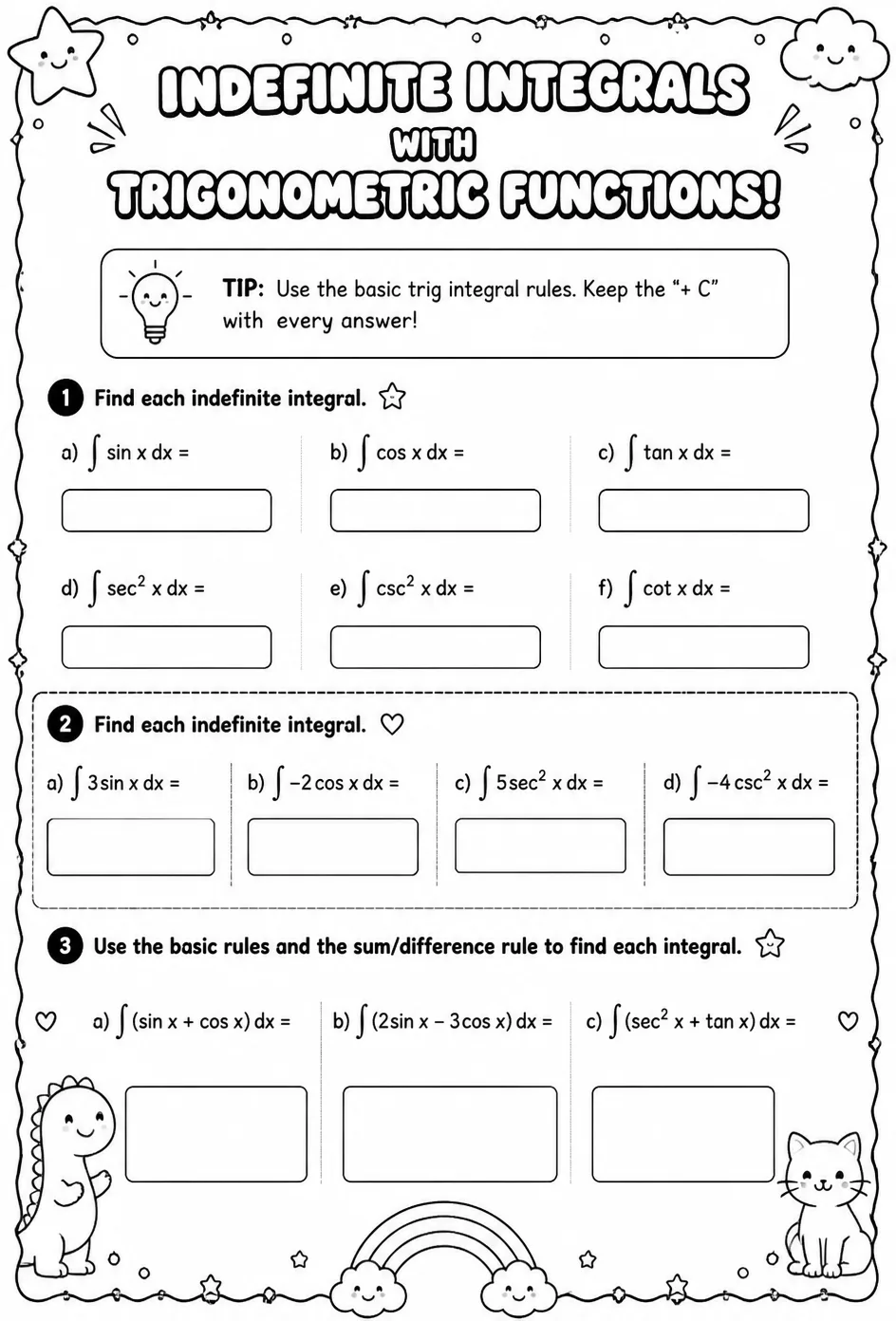 Find indefinite integrals involving trigonometric functions — free printable Calculus math worksheet