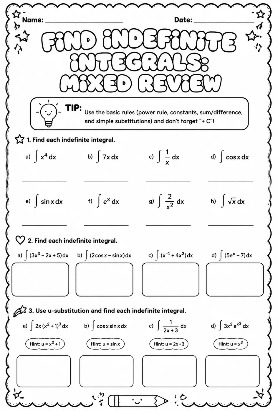 Find indefinite integrals: mixed review — free printable Calculus math worksheet