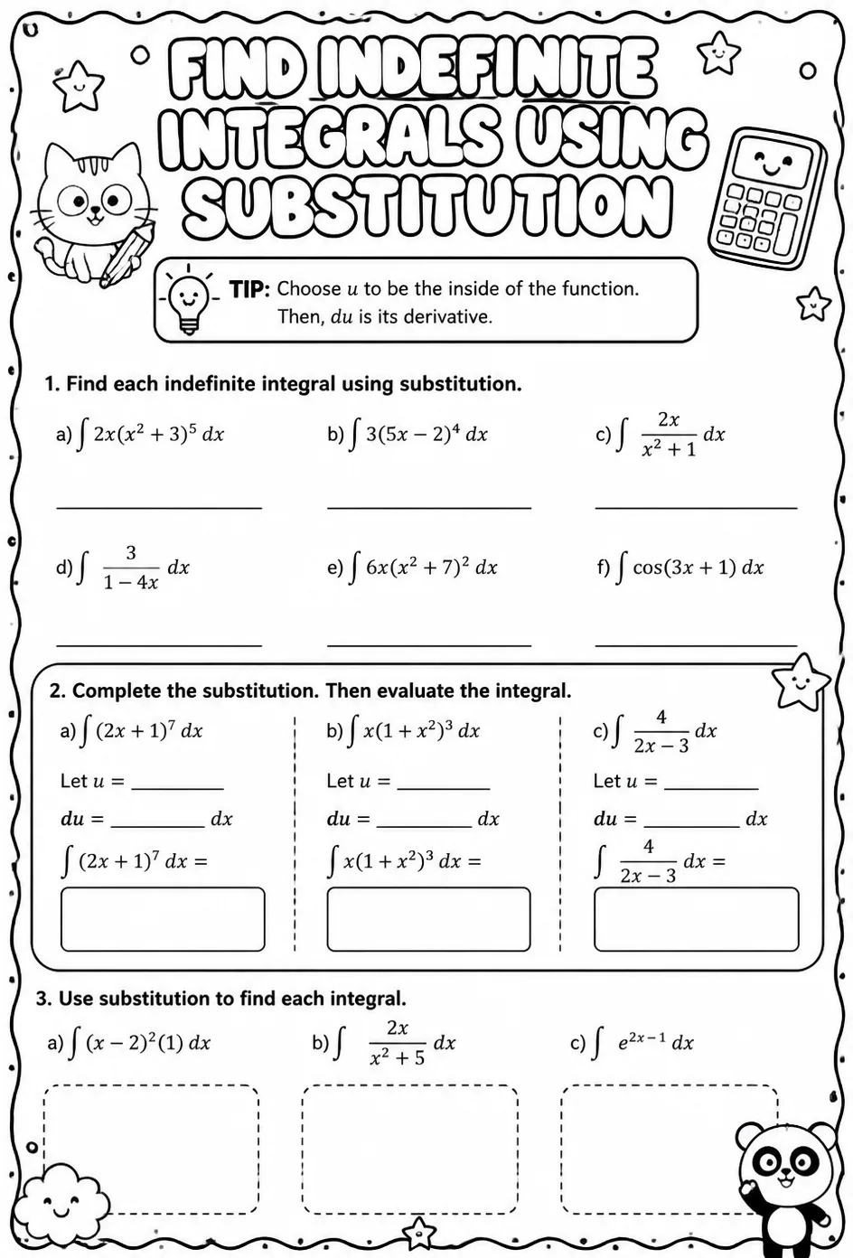Find indefinite integrals using substitution — free printable Calculus math worksheet