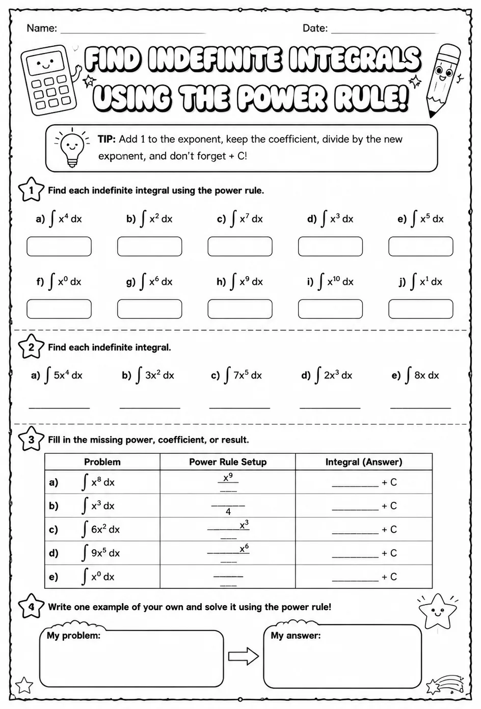 Find indefinite integrals using the power rule — free printable Calculus math worksheet