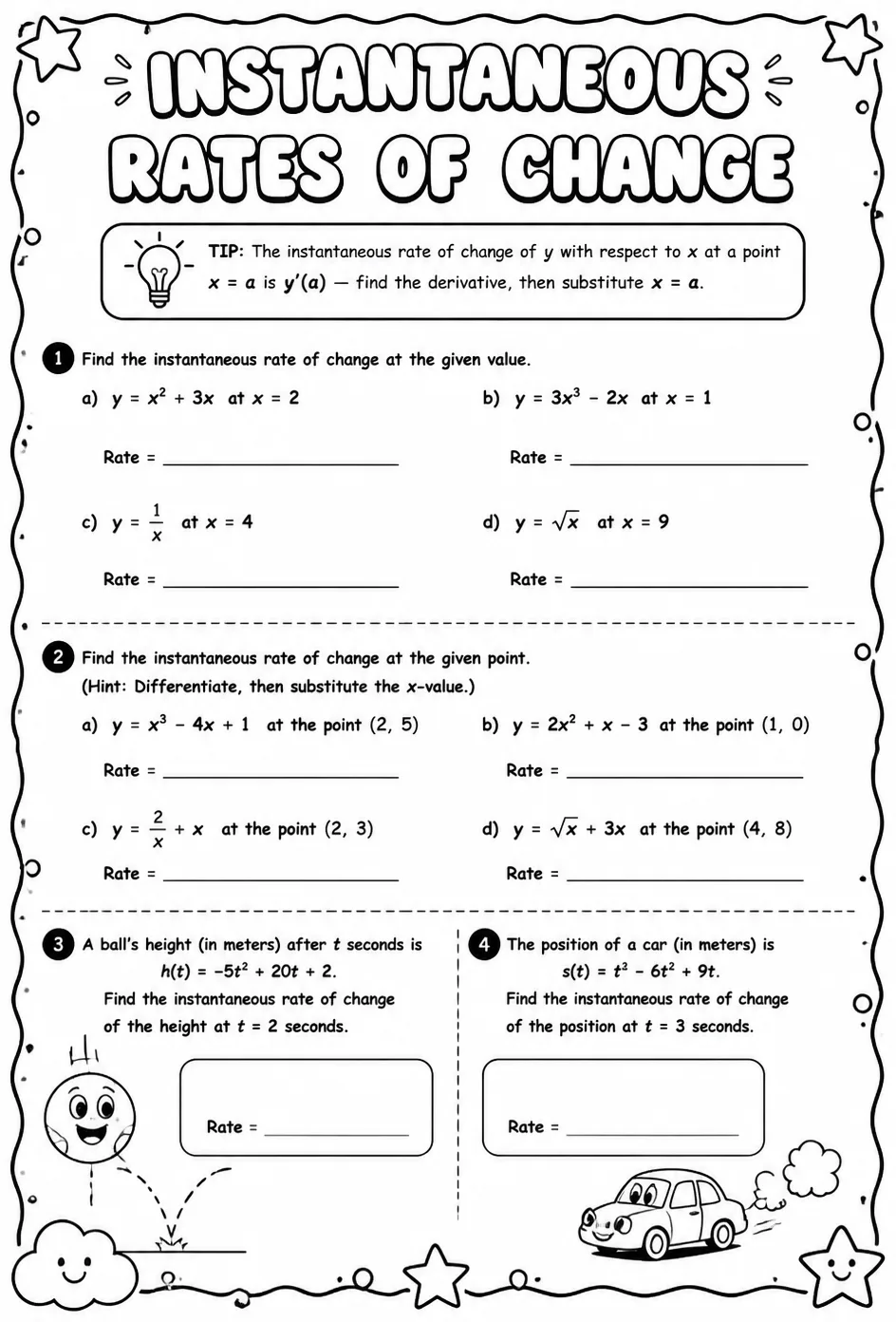 Find instantaneous rates of change — free printable Calculus math worksheet