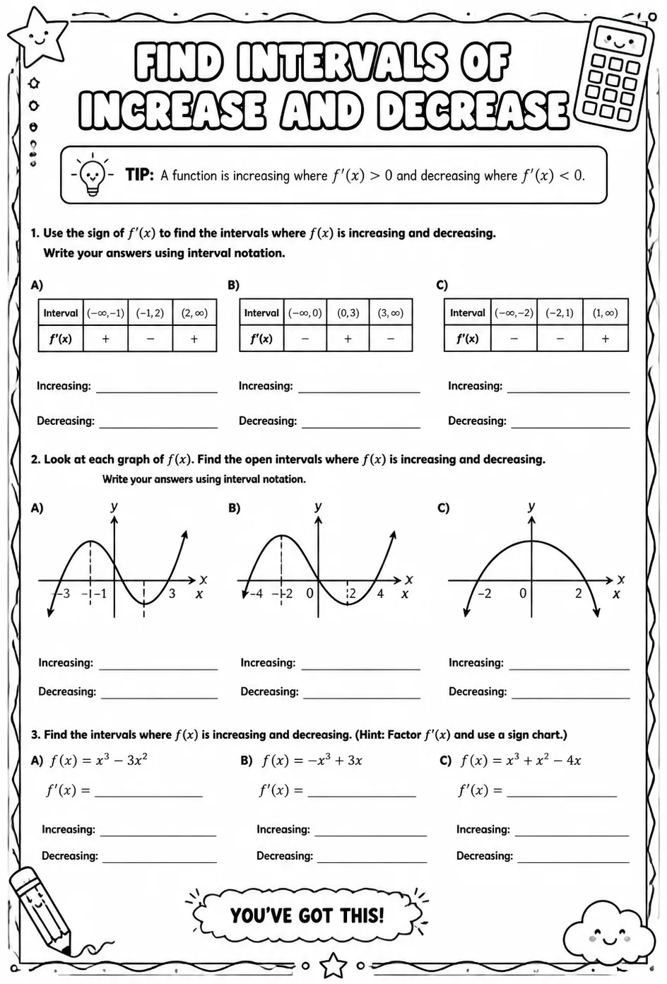 Find intervals of increase and decrease — free printable Calculus math worksheet