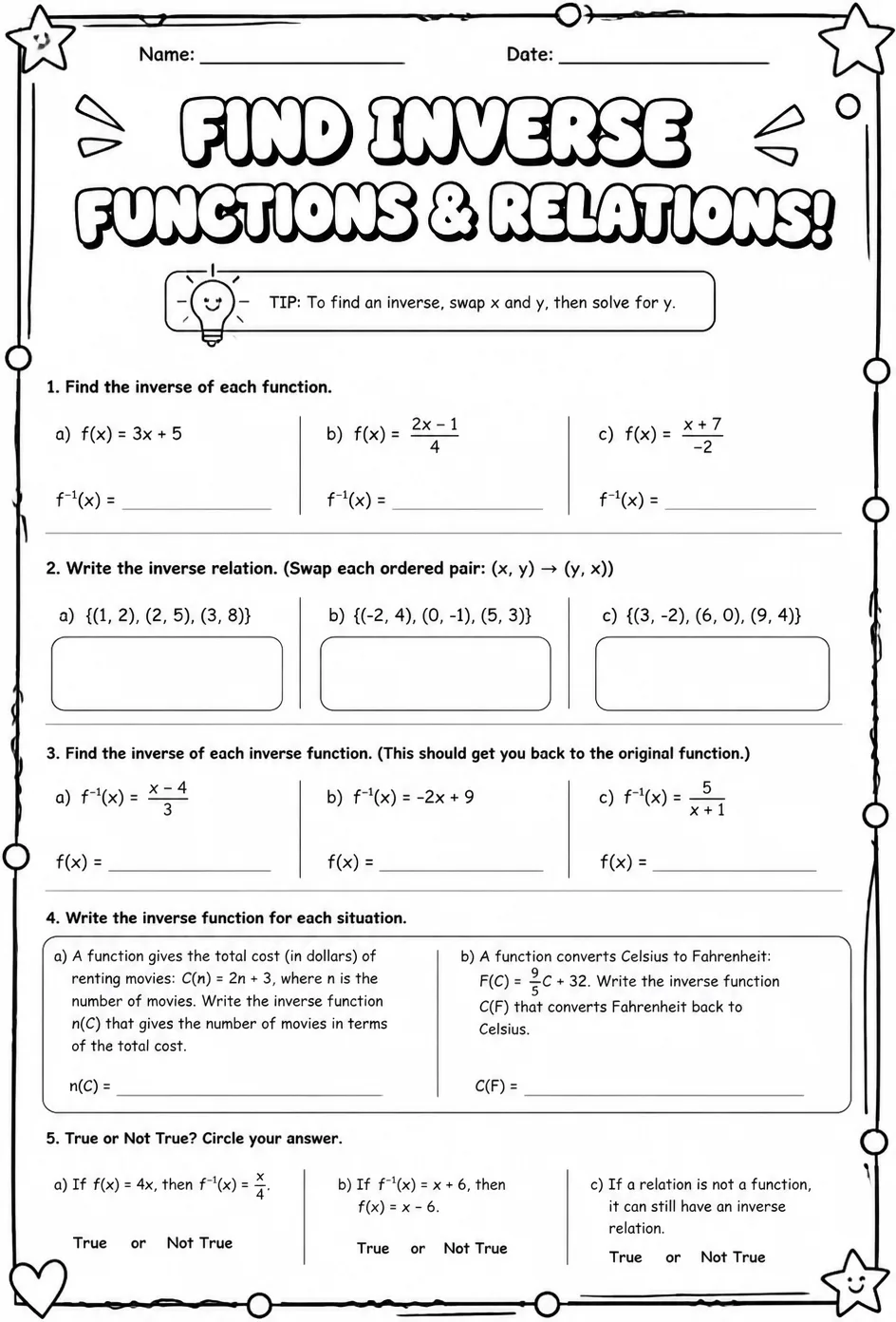 Find inverse functions and relations — free printable Algebra 2 math worksheet