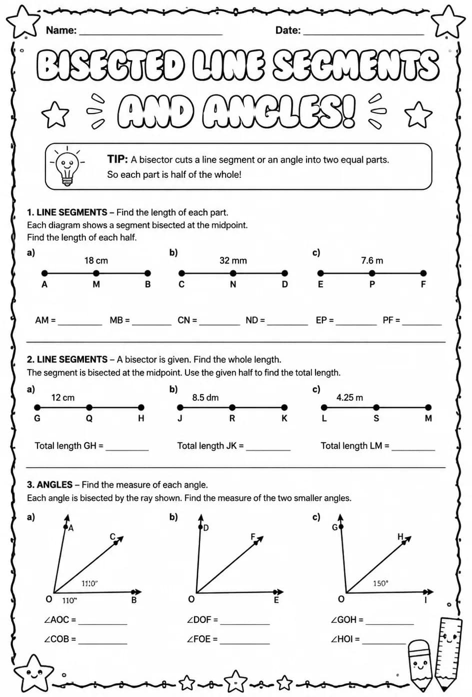 Find lengths and measures of bisected line segments and angles — free printable Grade 7 math worksheet