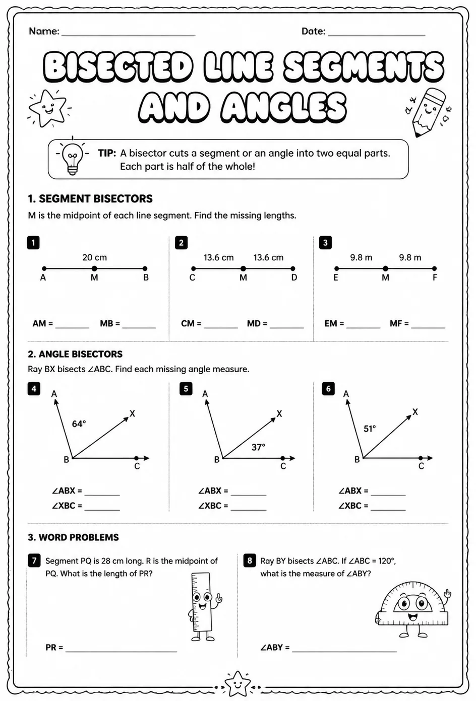 Find lengths and measures of bisected line segments and angles — free printable Grade 8 math worksheet