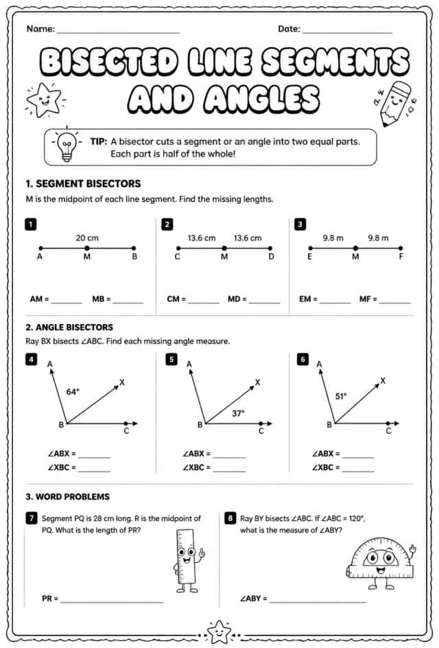 Find lengths and measures of bisected line segments and angles