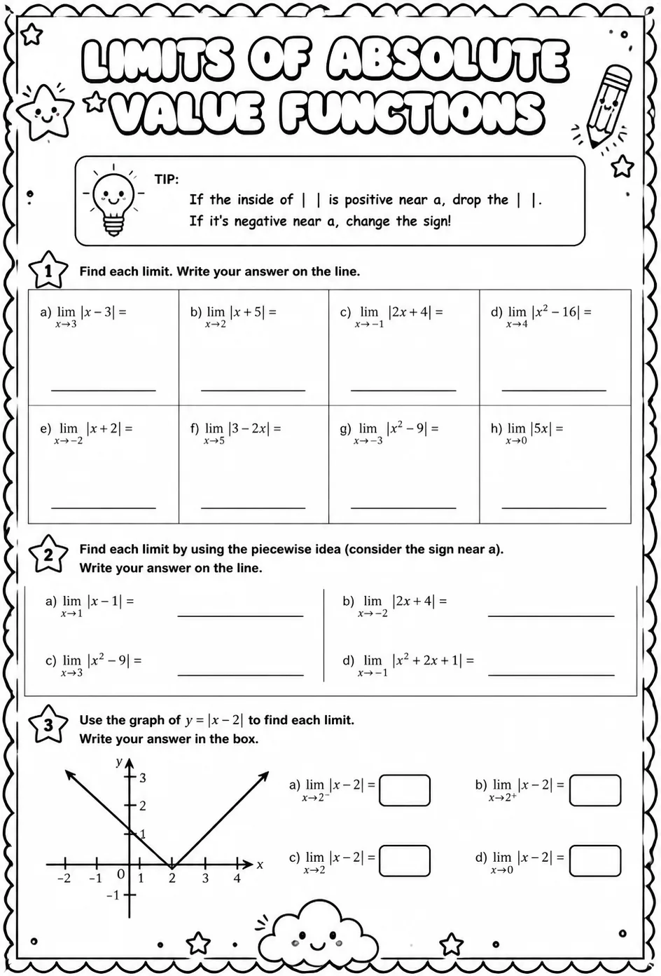 Find limits involving absolute value functions — free printable Calculus math worksheet