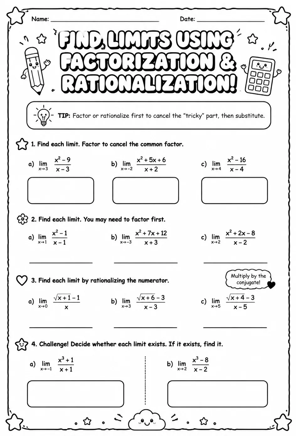Find limits involving factorization and rationalization — free printable Calculus math worksheet