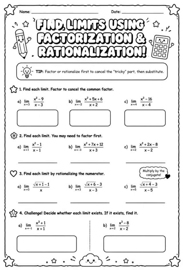Find limits involving factorization and rationalization
