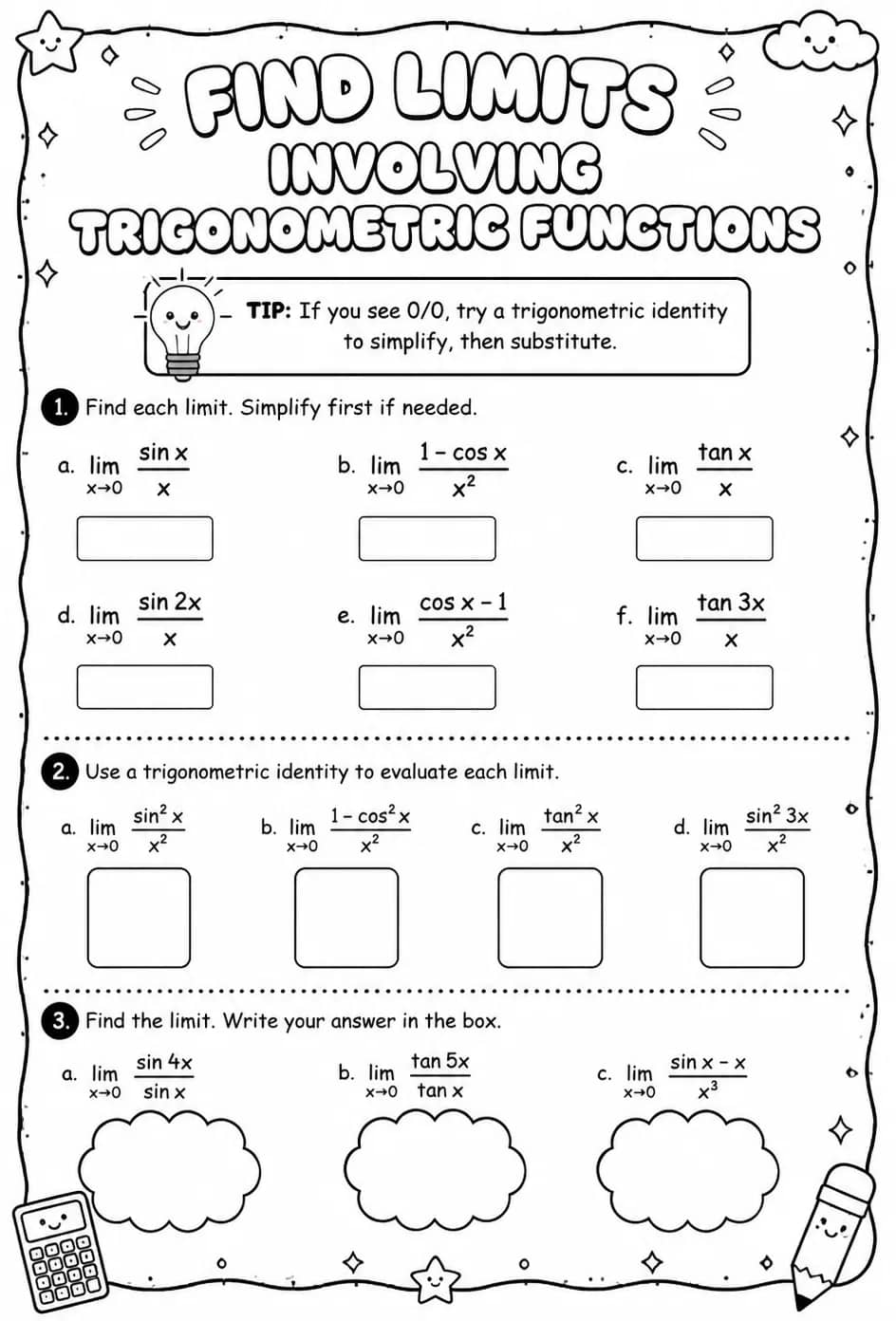 Find limits involving trigonometric functions — free printable Calculus math worksheet