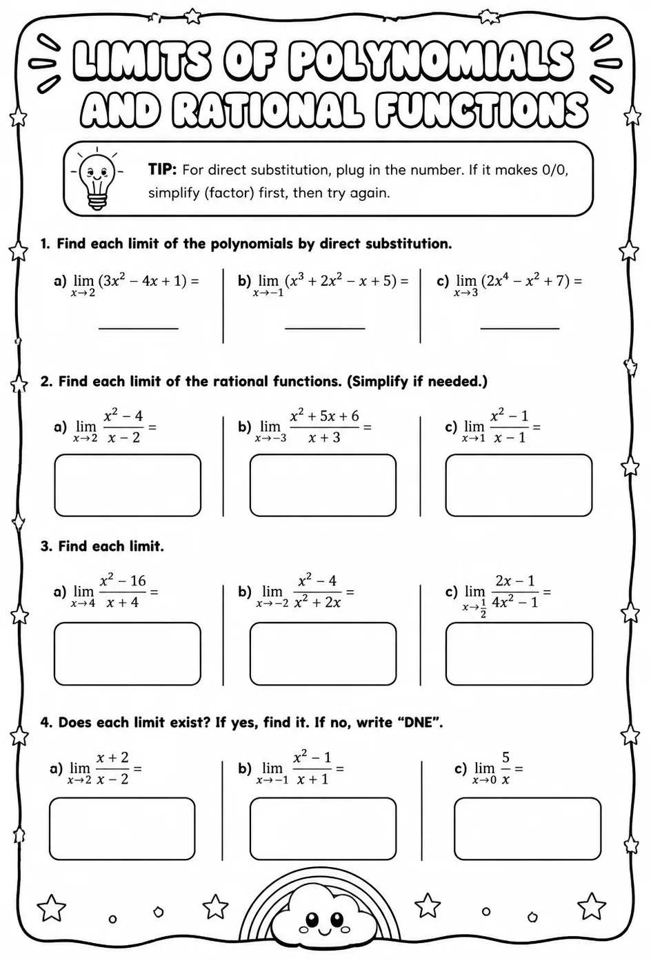 Find limits of polynomials and rational functions — free printable Calculus math worksheet