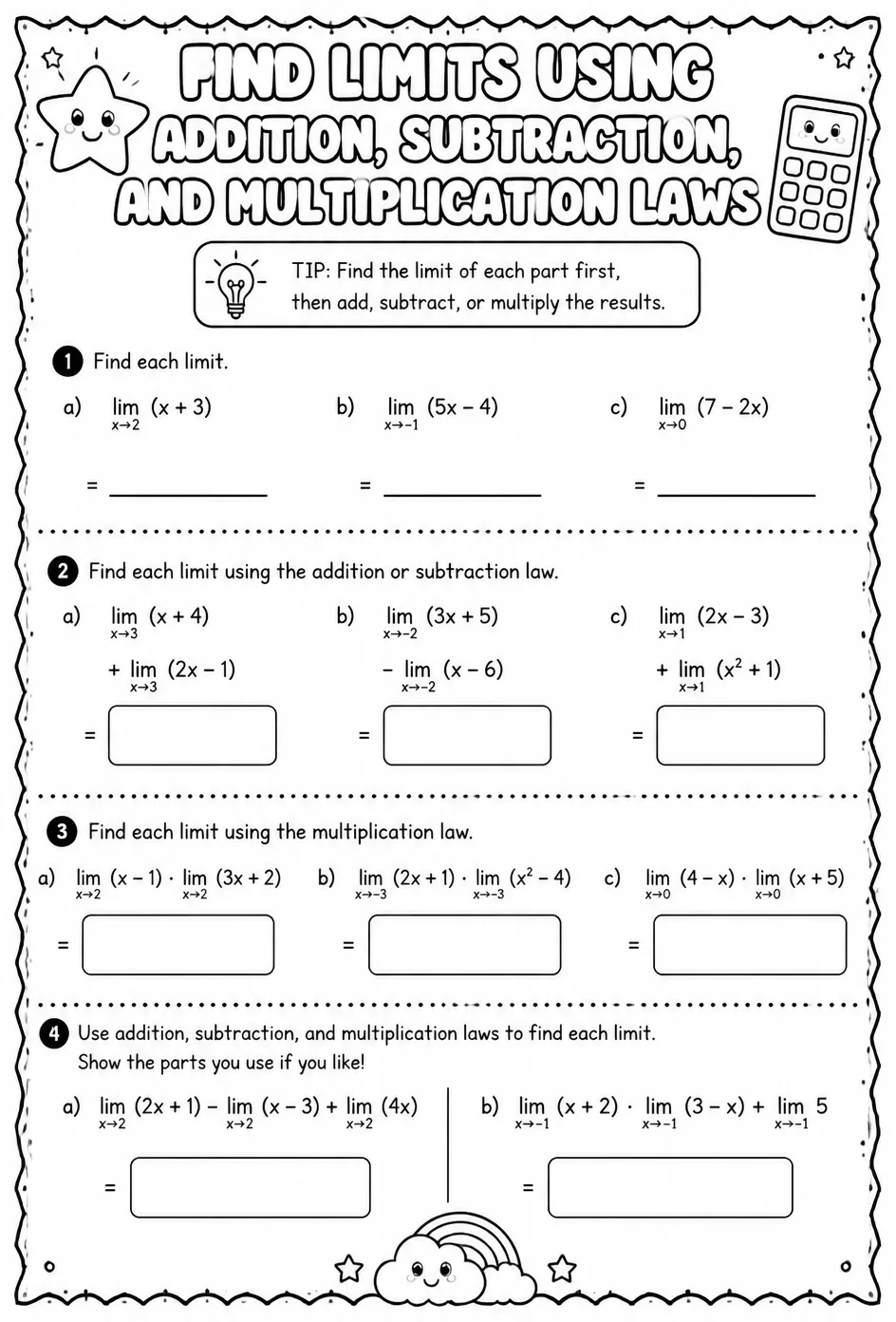 Find limits using addition, subtraction, and multiplication laws — free printable Calculus math worksheet
