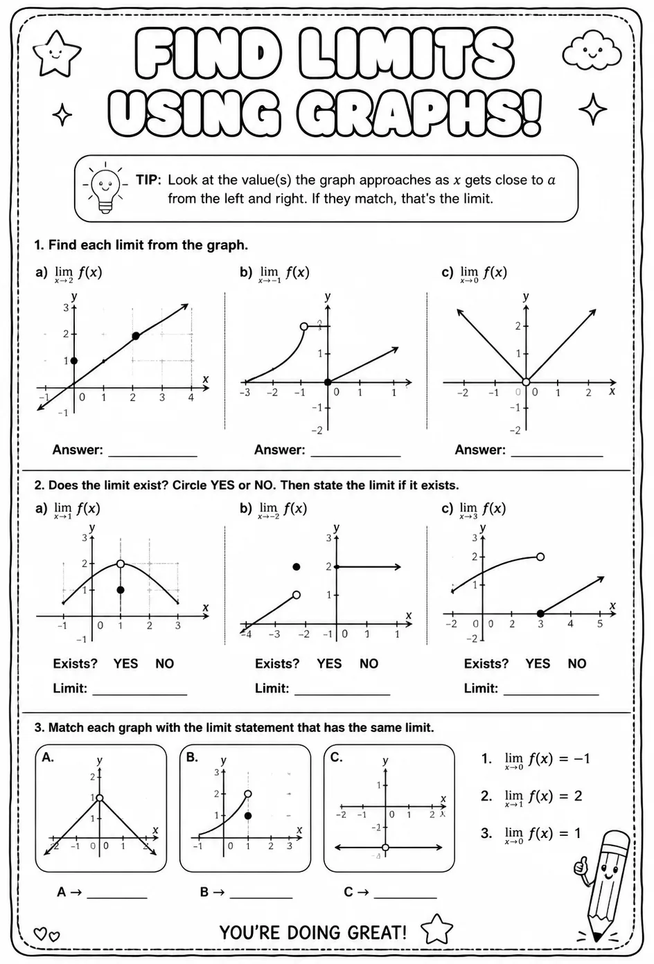Find limits using graphs — free printable Calculus math worksheet