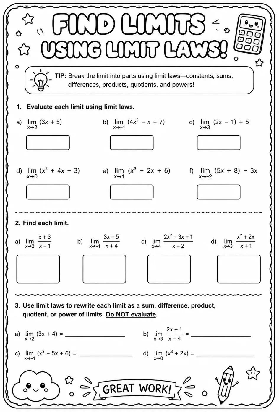 Find limits using limit laws — free printable Calculus math worksheet