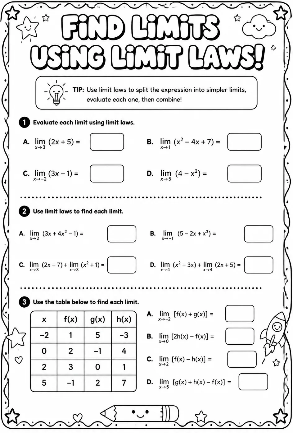 Find limits using limit laws — free printable Precalculus math worksheet