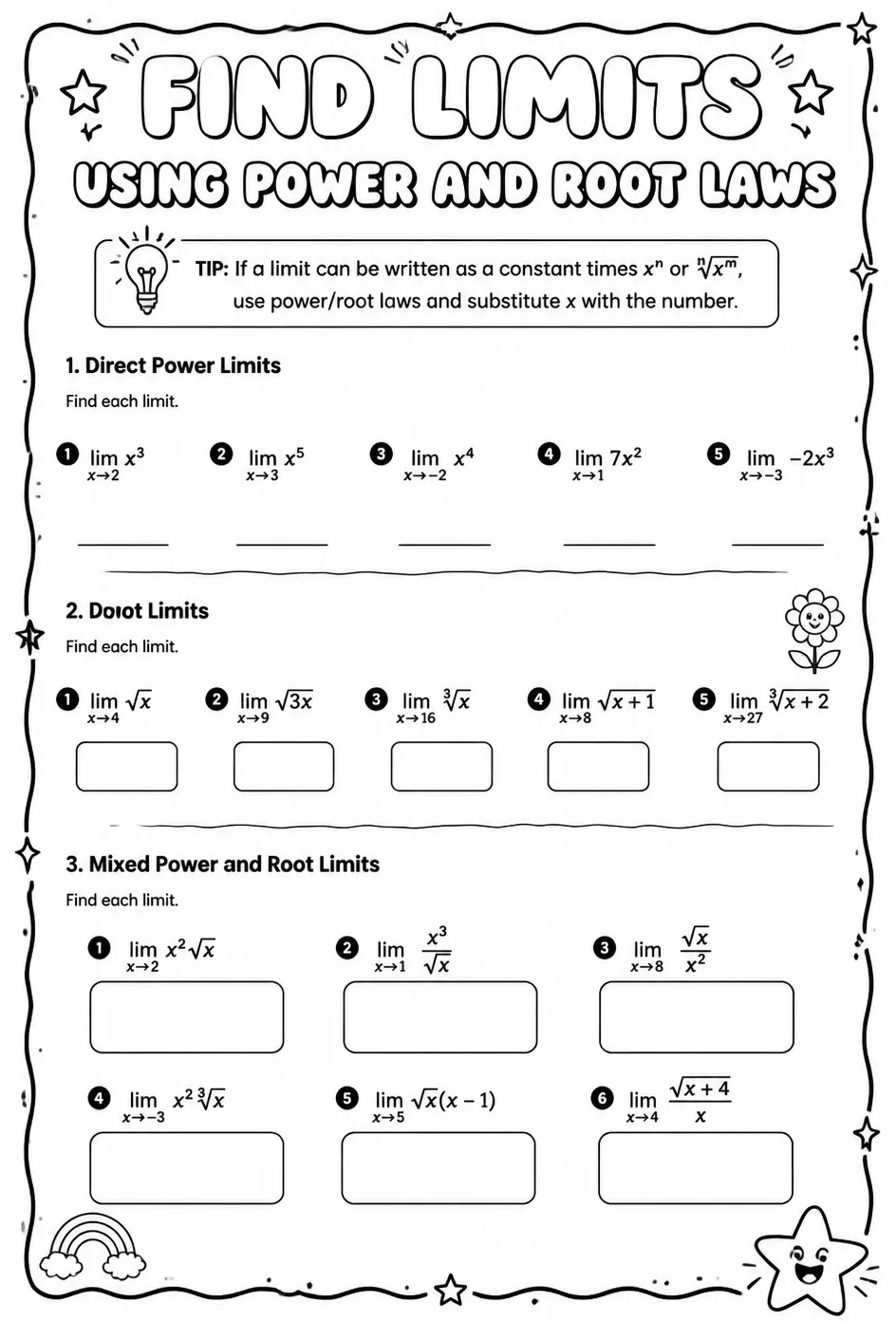Find limits using power and root laws — free printable Calculus math worksheet