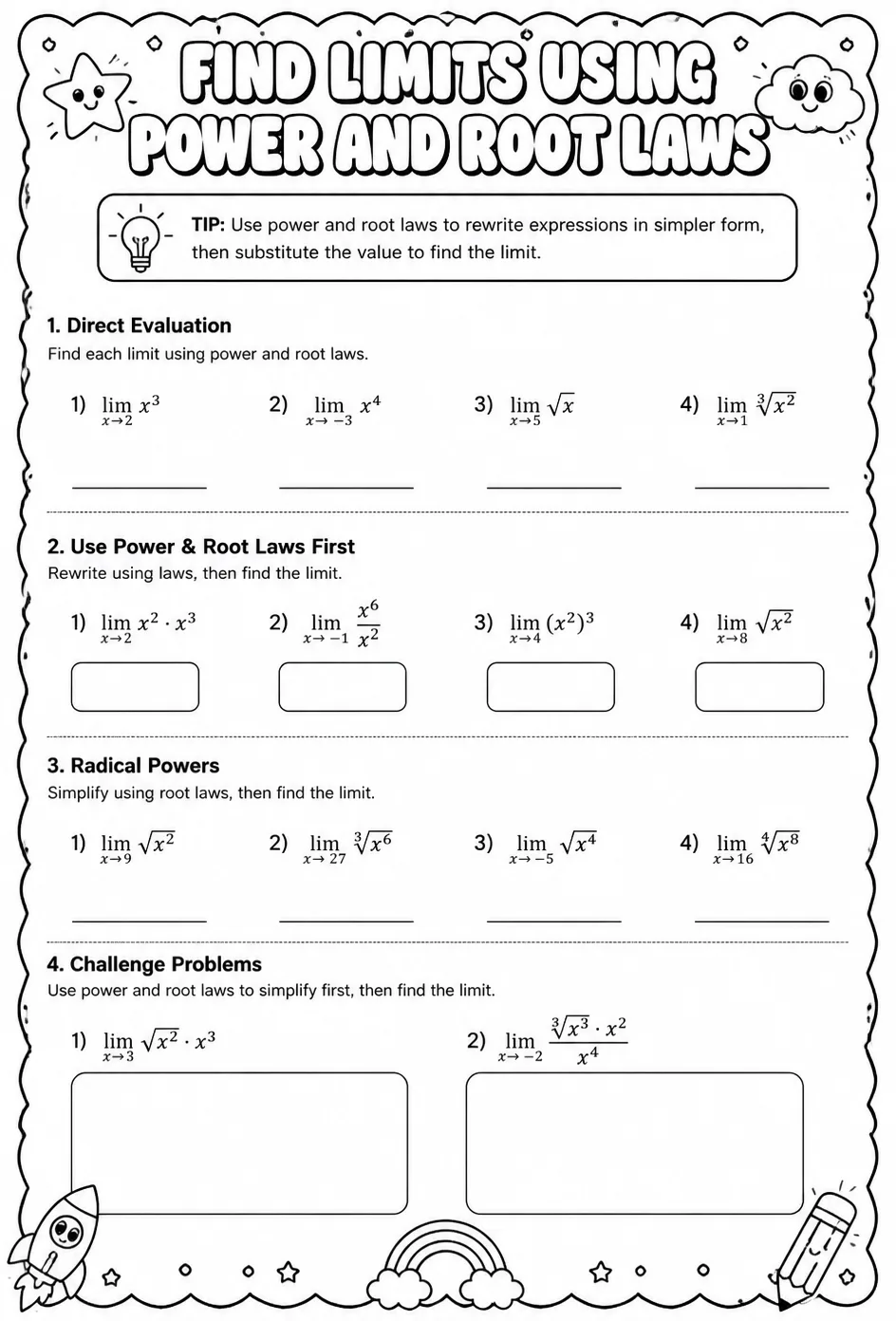 Find limits using power and root laws — free printable Precalculus math worksheet