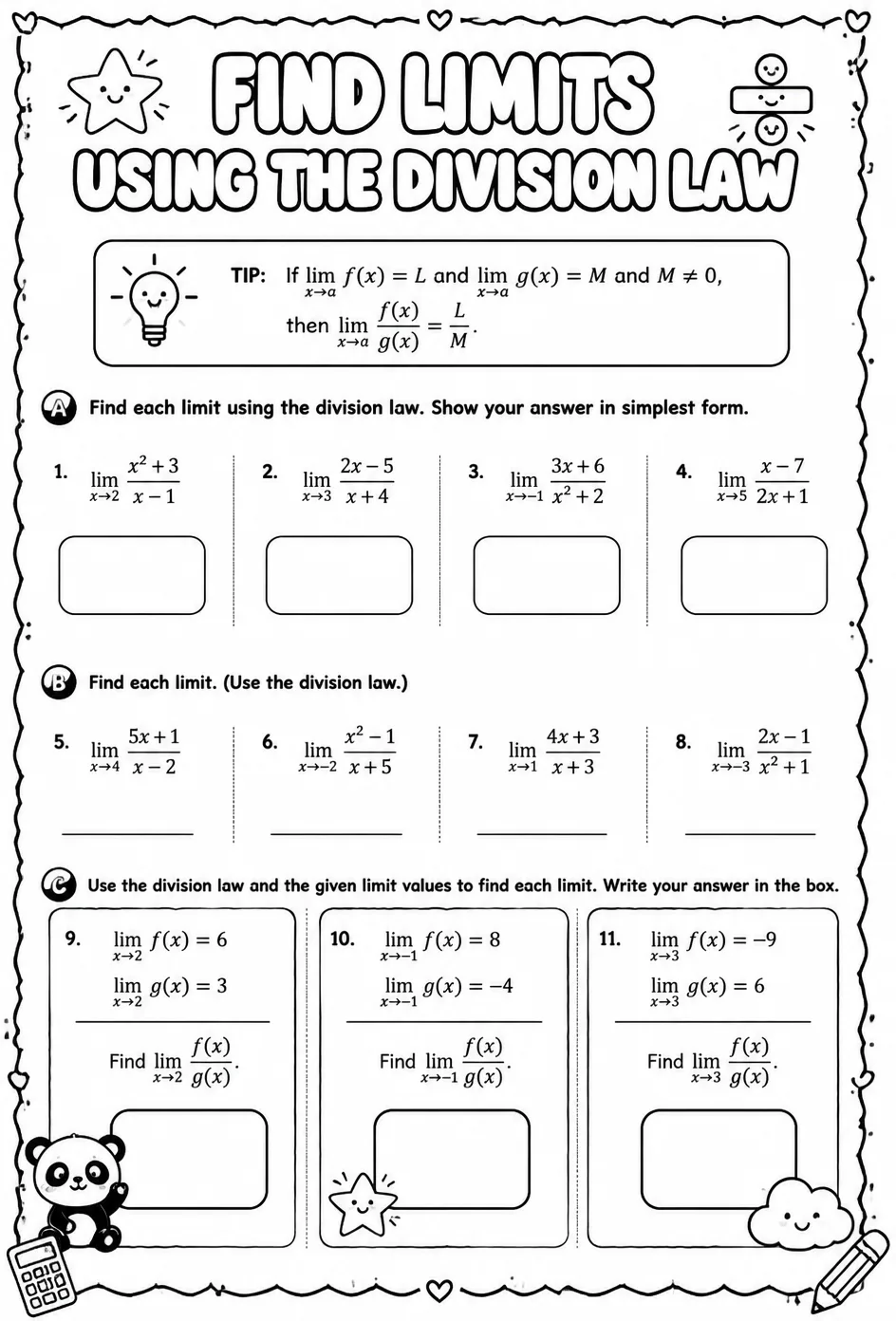 Find limits using the division law — free printable Calculus math worksheet